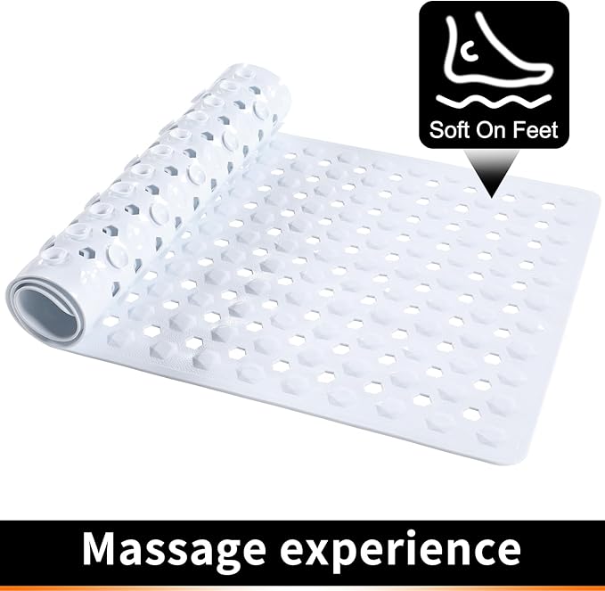 Yimobra Bath Tub Mat Non Slip, 34.5"x15.5" Long Shower Mat, Machine Washable Bathmat with Drain Holes and Suction Cups, Soft on Feet, Bathroom Essentials, White