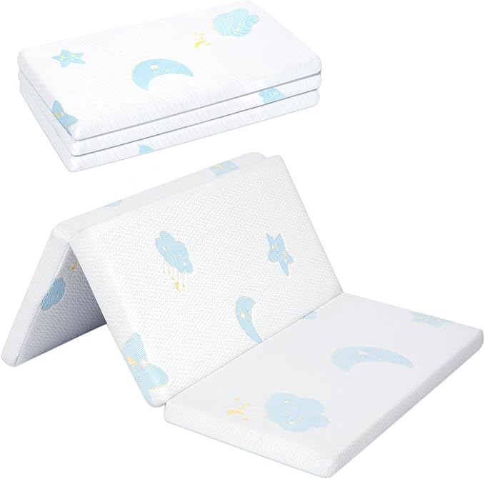 Pack and Play Mattress Pad, Trifold Portable Crib Pack N Play Mattresses, 38 * 26" Inch Jacquard Playpen Mattress for Travel Soft Breathable Play Yard Mattress with Washable Cover (Moon/Star-Trifold)