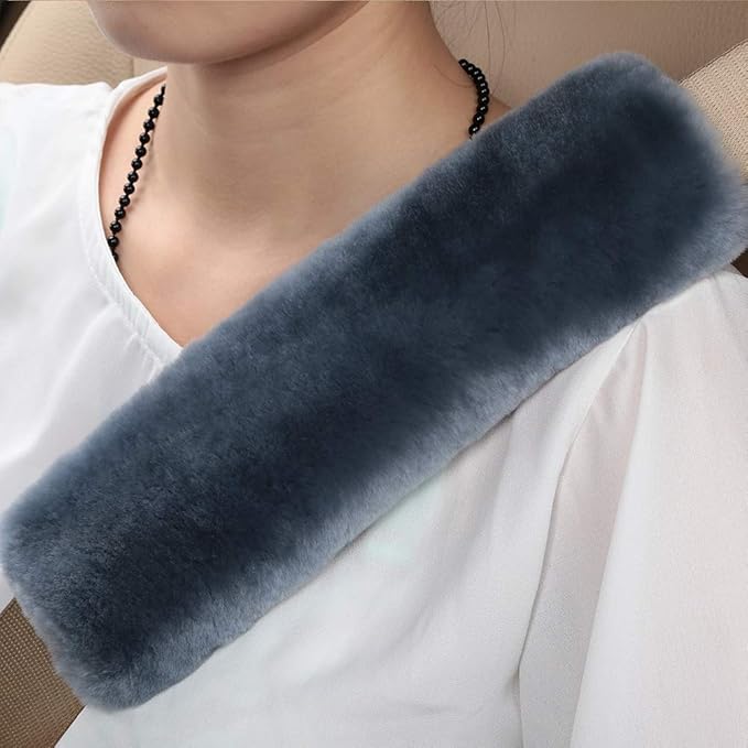 OGLAND 2 Pack Natural Fur Comfort Auto Authentic Sheepskin Car Seat Belt Pads for Adults, Soft Texture Shoulder Neck Cushion Pad Protector, Genuine Australia Merino Wool Cover (Blue Gray)