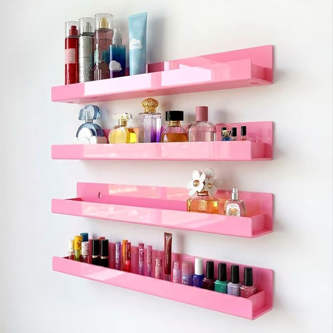 RORKIM 4 Pack 15 Inch Pink Acrylic Shelves, Kids Floating Bookshelf for Kids Room, Modern Nail Polish Rack Sunglasses Essential Oil Picture Ledge Display Toy Storage Wall Shelf