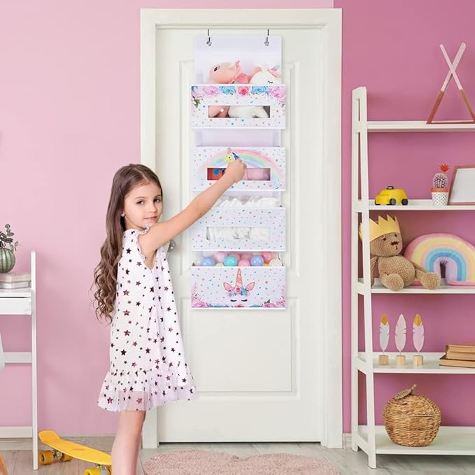 WERNNSAI Unicorn Over Door Hanging Organizer - Behind Door Hanging Storage with 4 Clear Window Pockets for Baby Girls Room Organization Gifts Toy Diaper Pantry Closet Bedroom Bathroom Nursery Decor
