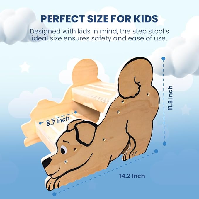 Motherly Haven Wooden Step Stool for Toddlers & Kids, 2-Step Dog Design, Anti-Slip Bathroom Toilet Potty Training Stool, Durable Kitchen Step Stools for Independence & Safety