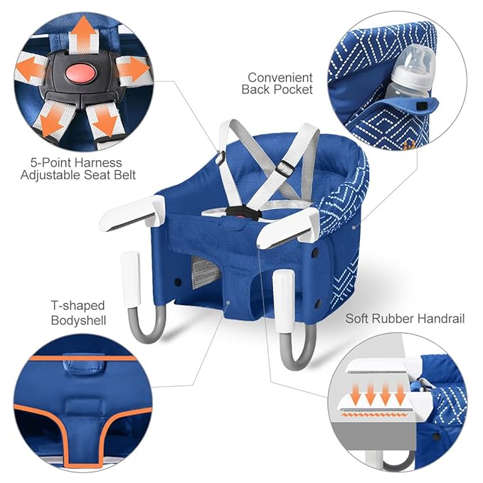 MTWML Portable High Chair for Table,Hook On High Chair that Attaches to Table,Space Saver Clip On Counter Seat for Baby,Easy Clean Baby Feeding Clamp Seat with Carry Bag for Travel(Stripe-Blue)