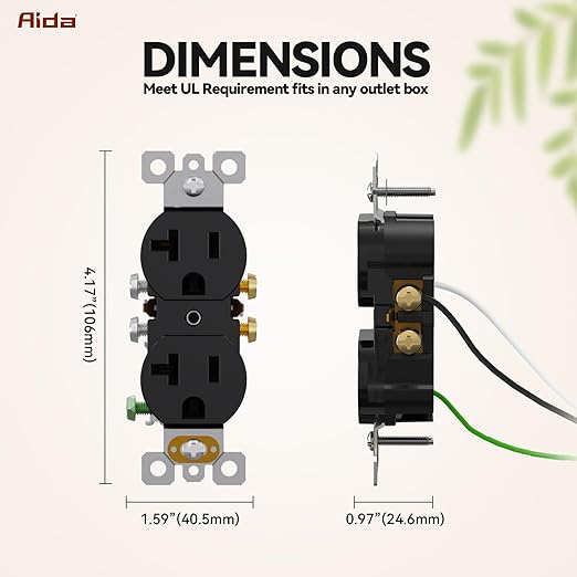AIDA 20 Amps Outlets Duplex Electrical Receptacle Outlets, Electrical Outlet, 20Amp 125V Heavy-Duty Wall Outlet, Residential, 3-Wire, Self-Grounding, UL Listed, Side Wire (10 Pack, Black)