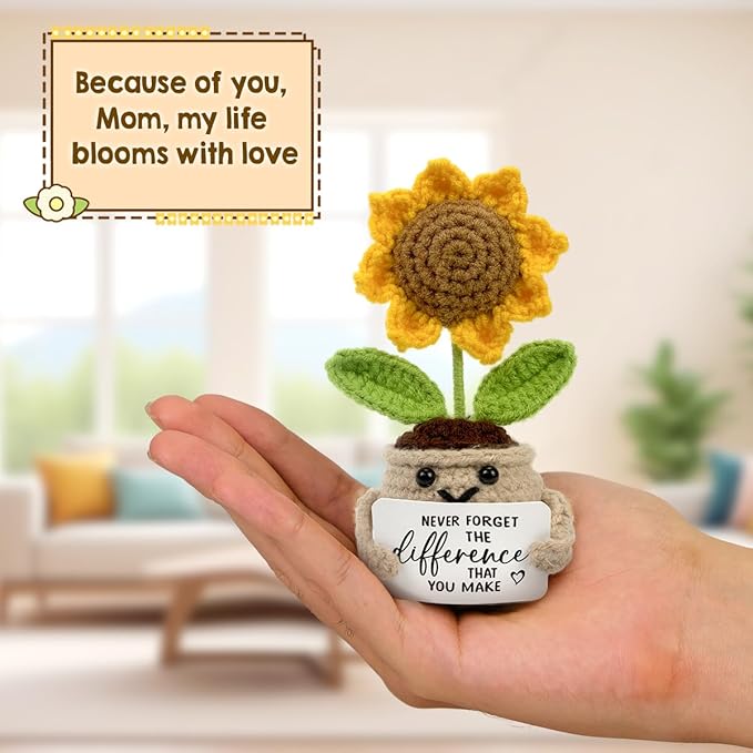 Tiny Detalles Birthday Gifts for Women - Mini Positive Crochet Sunflower, Gifts for Mom from Daughter Son on Mothers Day, Thank You Gifts for Teacher, Coworker, Friends and Sunflower Decor