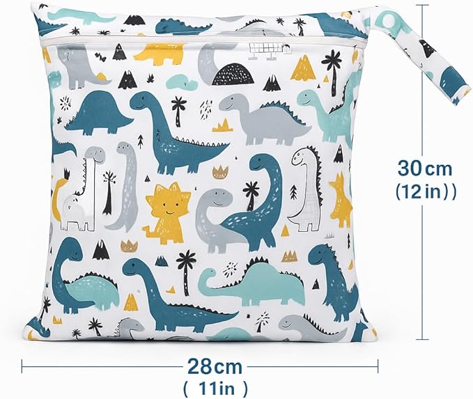FANALALA Waterproof Wet Dry Bag, Reusable Diaper Pouch with Zipper, Machine Washable Travel Organizer for Beach, Daycare, Kids, Dinosaur Pattern (White Dino)