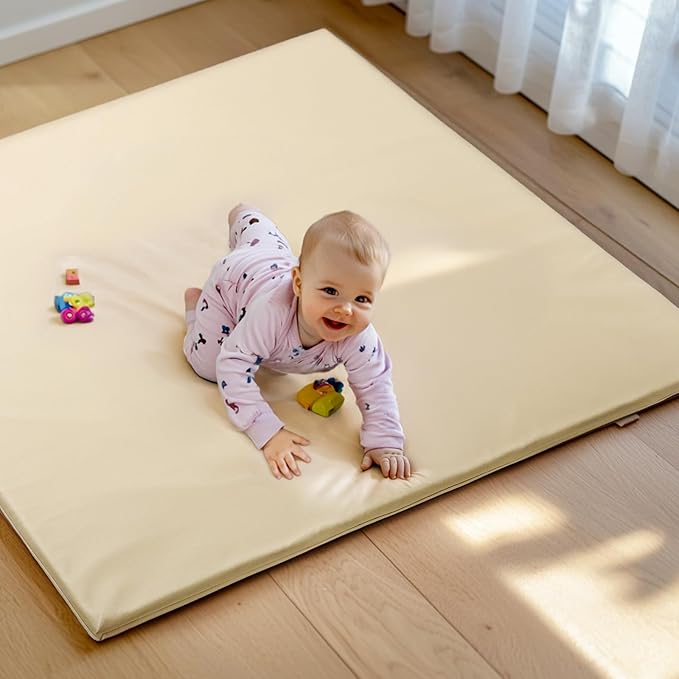 Mallify Baby Mat for Floor, Thick Soft Non-Toxic Vegan Leather Baby Play Mat, Waterproof Foam Play Mat, Padded Play Mat for Baby, 48x48 Playpen Mat, Infant Playmat for Baby Girls and Boys, Beige