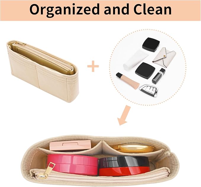 LOUKAYCCI Felt Insert Purse Organizer with Zipper fit GG Marmont Matelasse Shoulder Bag, Organizer Handbag Tote Liner Pouch for Women Inner Bladder Bag Storage Bag (Mini, Beige)