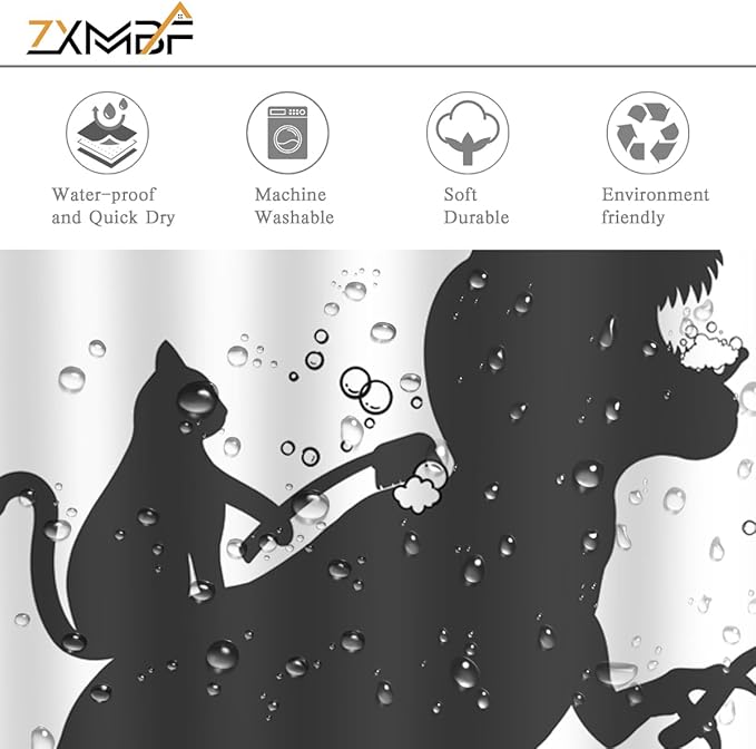 Cat Dinosaur Shower Curtain Funny Cartoon Cat Dino Bathe for Kids Boys Trex Silhouette Shadow Black White Design Artwork Bathroom Decor Waterproof Fabric 72Lx72W Inch with Hooks