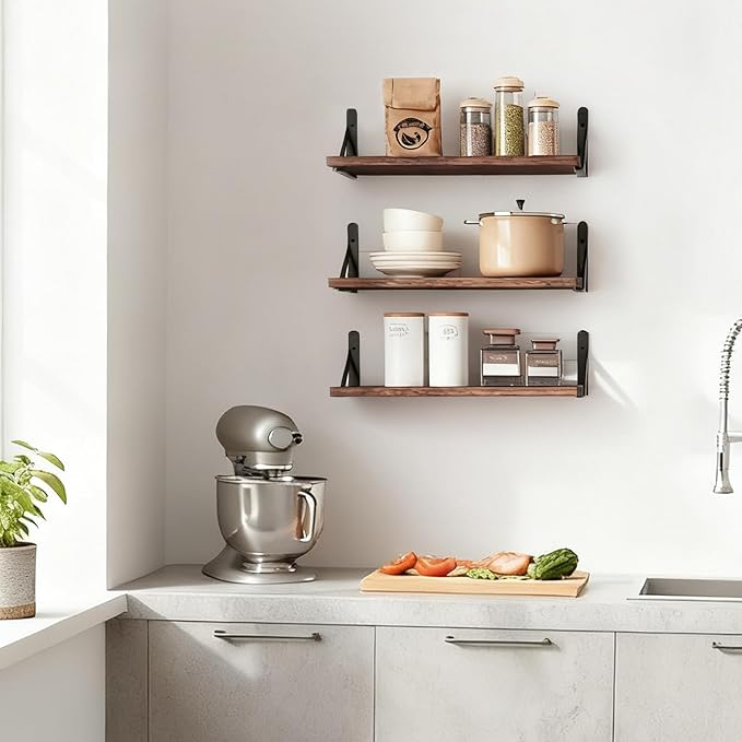 Fixwal Floating Shelves for Wall, Wood Wall Mounted Shelves for Bedroom, Bathroom, Living Room, Kitchen Storage and Decor(Brown, Set of 3, 16.5 Inch)