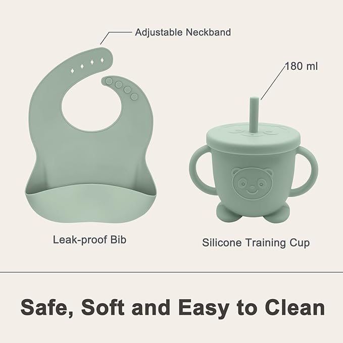 Munlinder Silicone Baby Feeding Set | Baby Led Weaning Supplies Includes Suction Bowls and Divided Plates, Adjustable Bib, Baby Utensils Spoons and Forks,Cup | Baby Feeding Essentials (Light Green)