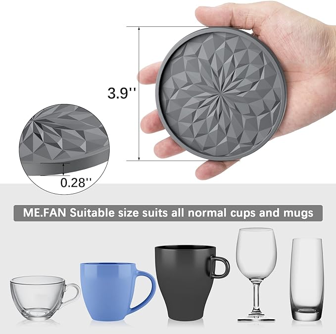 ME.FAN Silicone Coasters with Holder,[6 Pack] Drinking Coasters - Cup Mat for Hot or Cold Drinks, Thickened, Non-Slip, Non-stick,Deep Tray Teal Blue