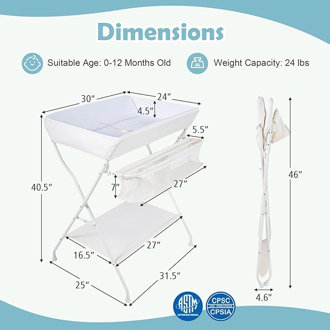 Costzon Changing Table, Portable Baby Changing Table Foldable Diaper Changing Station with Safety Belt, Large Storage Rack & Shelf, Nursery Organizer for Newborn Infant (Beige)