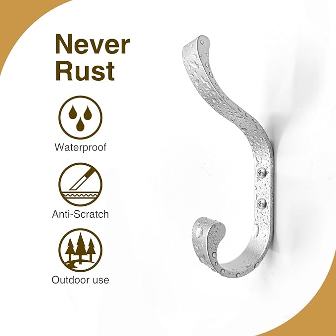 bussdis 6-Pack Heavy Duty Wall Hooks - Hold 30LB for Backpacks, Towels, Coats, Keys, Clothes - Silver Wall Mounted Hooks for Bathroom, Closet, Door, Mudroom