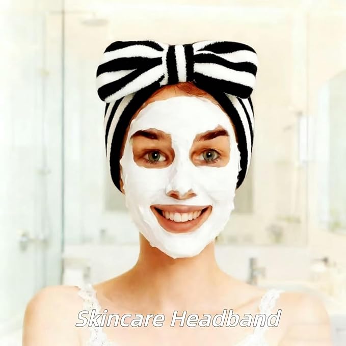 7 Pcs Spa Set, Facial Headband and Wristband Set, Skincare Accessories, College Style Girl Gift, Hair Accessories for Women and Girls（Black White Stripe ）