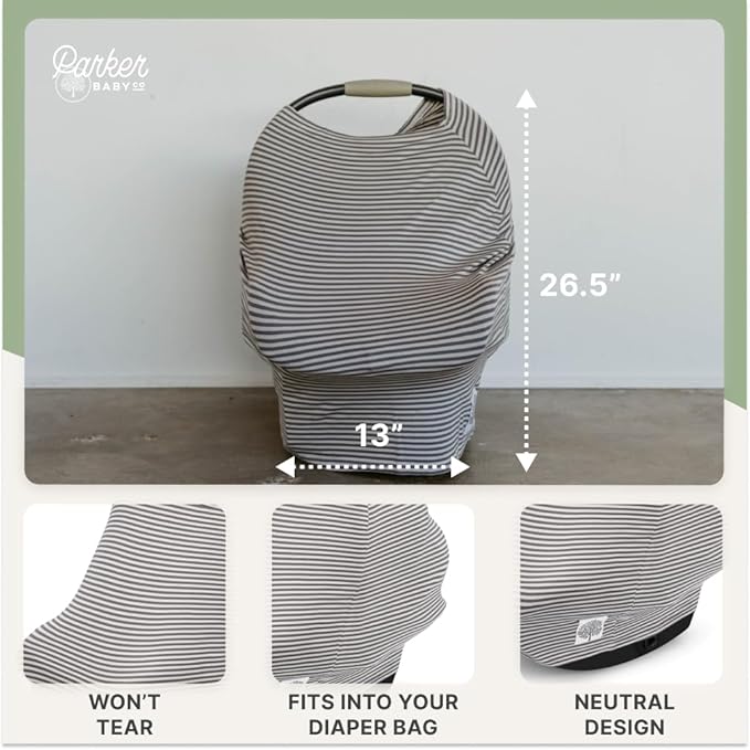 Parker Baby 4 in 1 Car Seat Cover for Girls and Boys - Stretchy Carseat Canopy, Nursing Cover, Grocery Cart Cover, High Chair Cover - “Pewter/Snow Stripes”