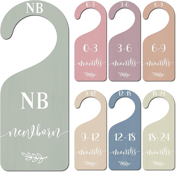 Whaline 7Pcs Boho Wooden Baby Closet Size Dividers with Pink Velvet Bag Newborn to 24 Month Thicken Infant Wardrobe Hanger Organizers for Home Nursery Party Gift Supplies