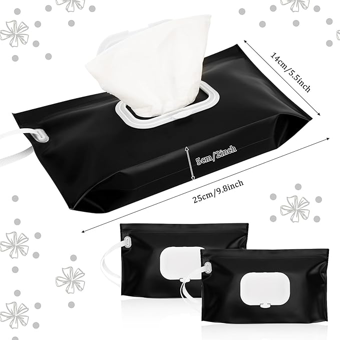 FEBSNOW 2 Pack Baby Wipes Dispenser Holder, Black Portable Refillable Baby Wet Wipes Pouch Container Reusable Travel Case