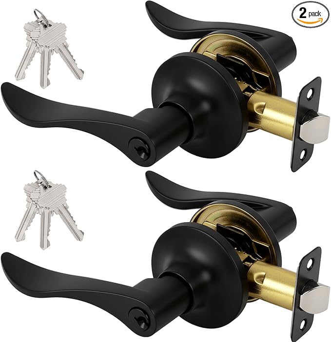 Keyed Entry Door Lever, Door Handle with Lock and Key, Exterior ＆ Interior Door Handle for Bedroom, Wave Style Lever Matte Black, Reversible for Left/Right 2 Pack