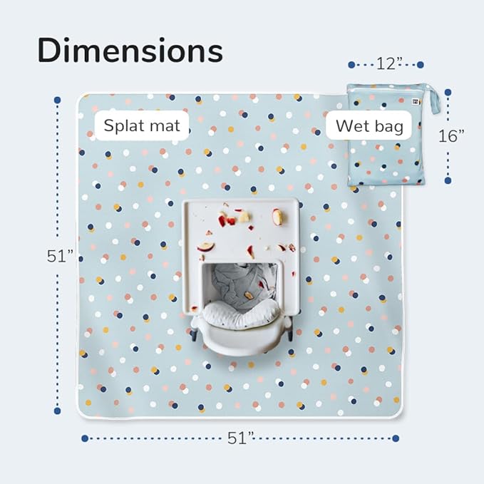 51" Heavy Duty Baby Splat Mat for Under High Chair | Includes Wet Bag | Premium Washable Toddler Mat | Baby Led Weaning | High Chair Mat for Floor | Craft Mat | Splash Mat (Dots on Dots)