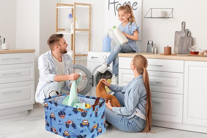 Sanjiaofen Rectangular Monster Truck Basket Organizer.Kids Baskets,Boys Storage Basket with Handles.Car Bins for Kids,Books, Gifts Storage. (Monster Trucks )