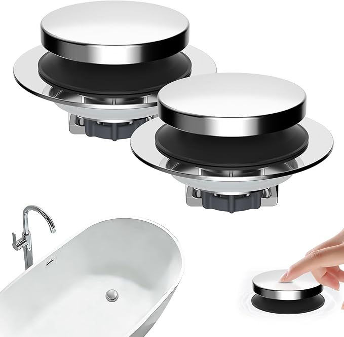 Hibbent 2 Pack 3 in 1 Metal Bathtub Drain Stopper, Universal Pop Up Tub Stopper with Removable Filter Basket, Anti-Clogging Bathtub Hair Catcher for 1.5''~2.4'' Drain, Brass Bullet Core, Chrome
