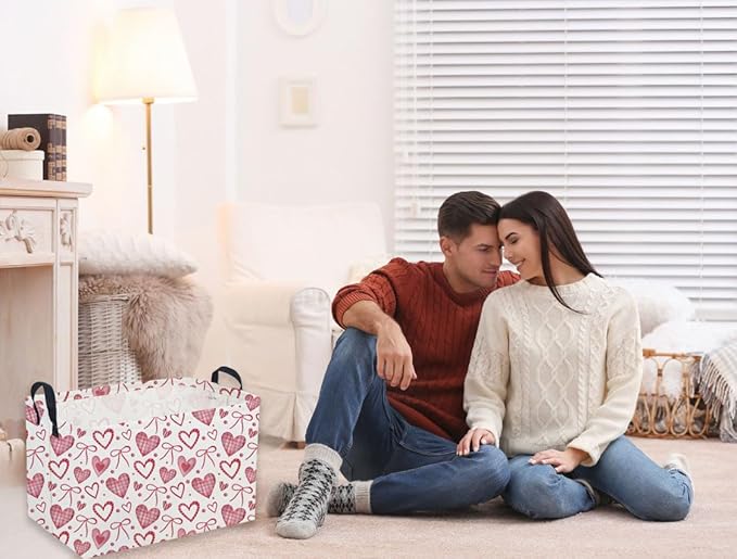 Sanjiaofeng Rectangular Valentine's Day Basket Love Storage Bins,Girls Storage Basket with Handles.Clothers,Books,Kid's Gifts Bins. (Bow Love)
