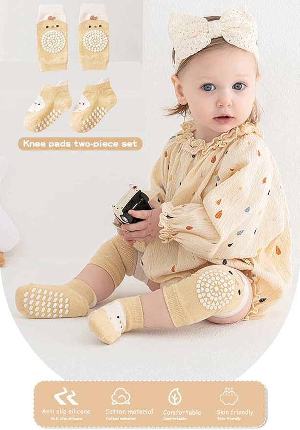 Feidoog Baby Crawling Knee Pads with Anti-Slip Elastic 3 Pairs Knee Pads and 3 Pairs Socks Set,Infant Kneepads for Crawling