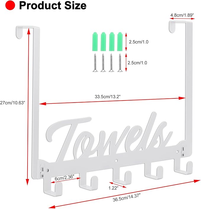 Azmoncy Over The Door Hooks, Towel Rack for Bathroom & Bedroom, Heavy Duty Over Door Towel Hanger with 5 Coat Hooks, White