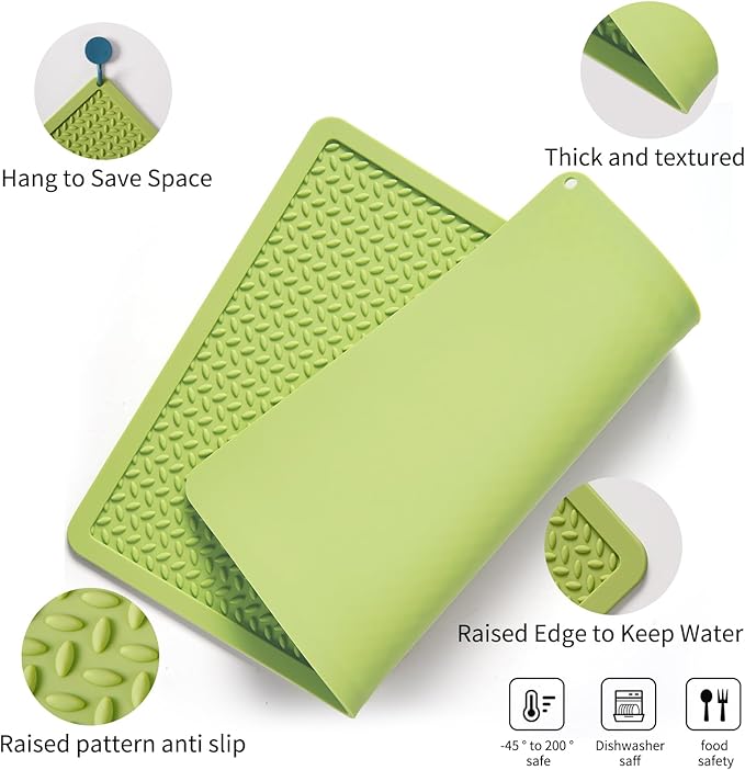 Silicone Drying Mat & Heat Resistant Mat for Kitchen Counter, Non-Slip Dishwasher Safe, Raised Edge for Dishes Bottles Sink (25.5x17.7in, Green)