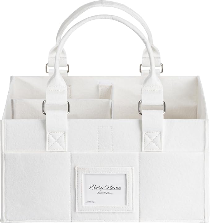 Diaper Caddy Organizer, Newborn Essetials Must Haves, Baby Registry Search and Other Baby Stuff, Collapsible Baby Basket with Handle and a Photo Frame, White, 11.8 x 6.3 x 9.0 inch