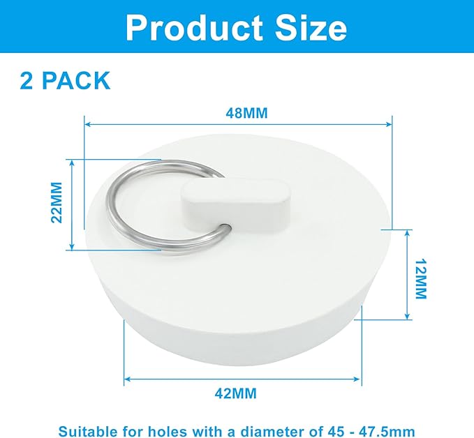 2 Pcs Durable Rubber Drain Stoppers, Fits 1-3/4 Inch Sink Plug Hanging Ring Bathtub Stopper, Universal Bathroom Sink Plug for Kitchen Laundry Bathroom Bathtub