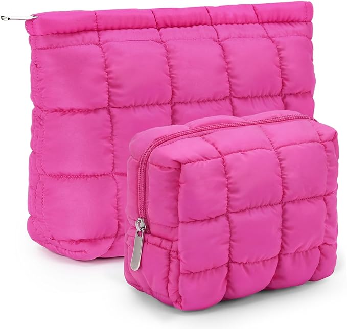 2 Pcs Puffy Makeup Bag Quilted Cosmetic Pouch for Women Cute Checkered Travel Toiletry Bag Puffer Makeup Organizer Purse Pouch Preppy Pencil Case with Zipper(Hot Pink)