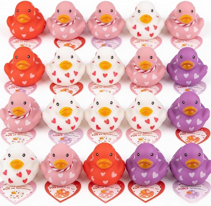 28 Packs Valentines Day Gift Cards with Cute Mini Rubber Duck 2.4x2.4 Bath Toys for School Classroom Valentine’s Exchange Greeting Cards