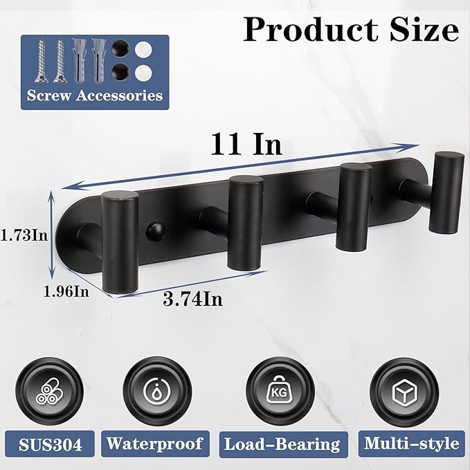 Coat Hook Rack, Wall Mounted Coat Rack with 4 Hooks, Heavy Duty Towel Hooks Rack Wall Hooks for Hanging Clothes Jacket, Stainless Steel Coat Hanger for Bathroom Entryway Mudroom(Matte Black)