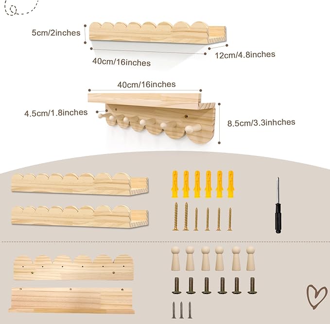 Nursery Shelves for Wall with Hooks-Scalloped Wall Book Shelves for Bedroom Kids Set of 3, Nursery Furniture Must Have, 16 Inch, Natural