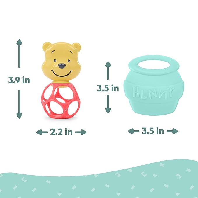 Bright Starts Disney Baby Winnie The Pooh Hunny & Shake Rattle & Teether, Stroller Toy for On The Go, Newborns & Up