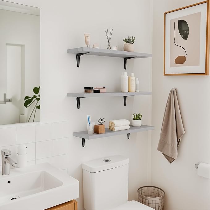 SKYSEN Floating Shelves for Wall Set of 6, 23.6in Wood Wall Shelf for Decor, Bathroom, Bedroom, Storage, Book,Kitchen, Living Room - Grey(fs-60-g)