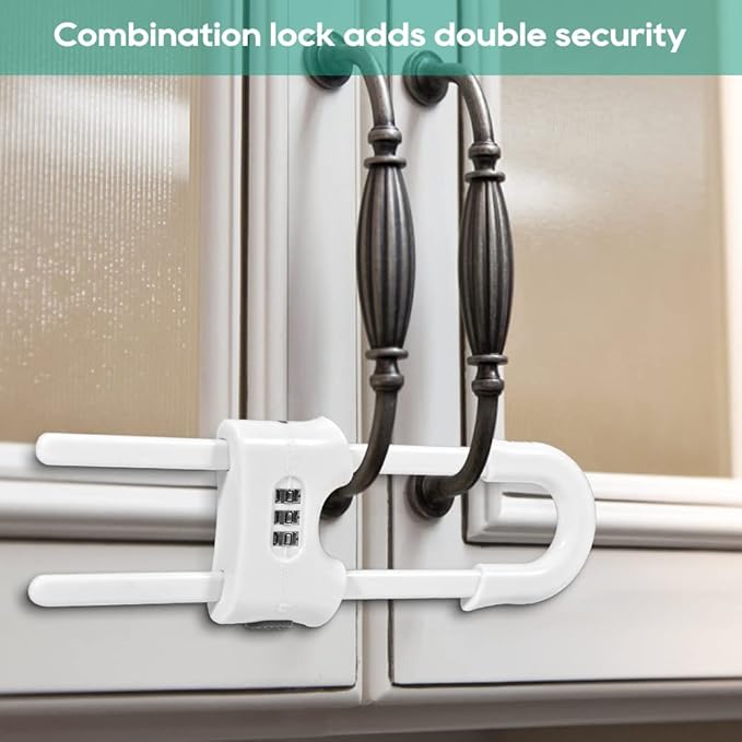 4 Packs U-Shaped Sliding Cabinet Locks, Baby Proofing Cabinets with Adjustable Child Safety Lock, Childproof Latches for Knobs, Handles on Kitchen Doors and Home Drawers Closet 1- White
