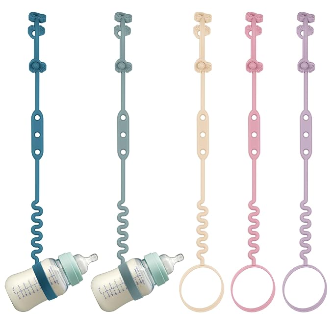 Baby Bottle and Sippy Cup Straps - Adjustable Straps Attach with Strollers, High Chair, Shopping Cart - Food Grade Silicone - Dishwasher Safe (5Packs, Color 2)