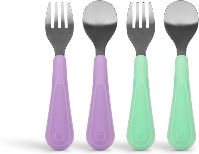 Ubbi Toddler Stainless Steel Fork & Spoon Set, 4-Pack – Silicone Easy-Grip Handles, Kids Self-Feeding Utensils, Baby-Led Weaning Essentials, Dishwasher Safe, Smoothie Purple & Sugar Snap Green