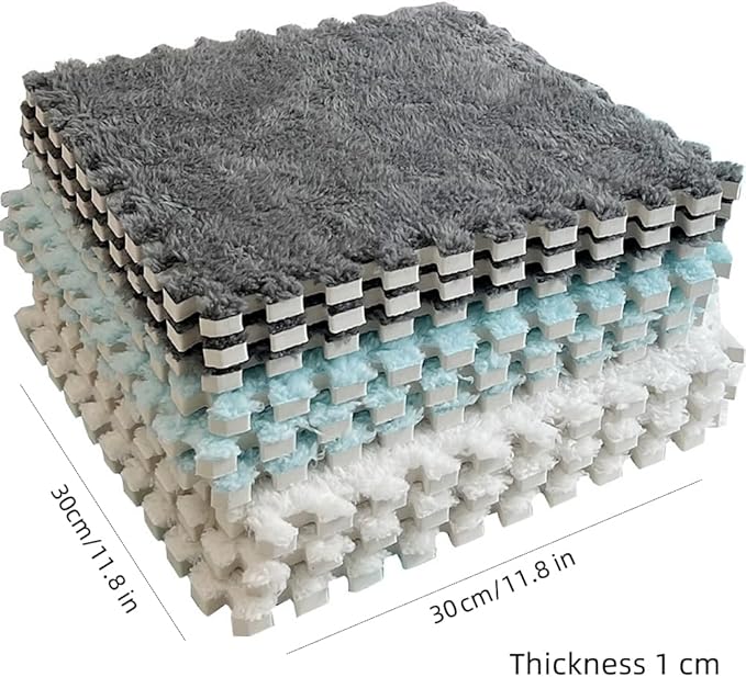12pcs Carpet Squares Puzzle Floor Mat, Plush Interlocking Carpet Tiles, Anti Slip EVA Foam Jigsaw Floor Tiles, Build A Safe Area for Bedroom Playroom (White+Beige+Grey)