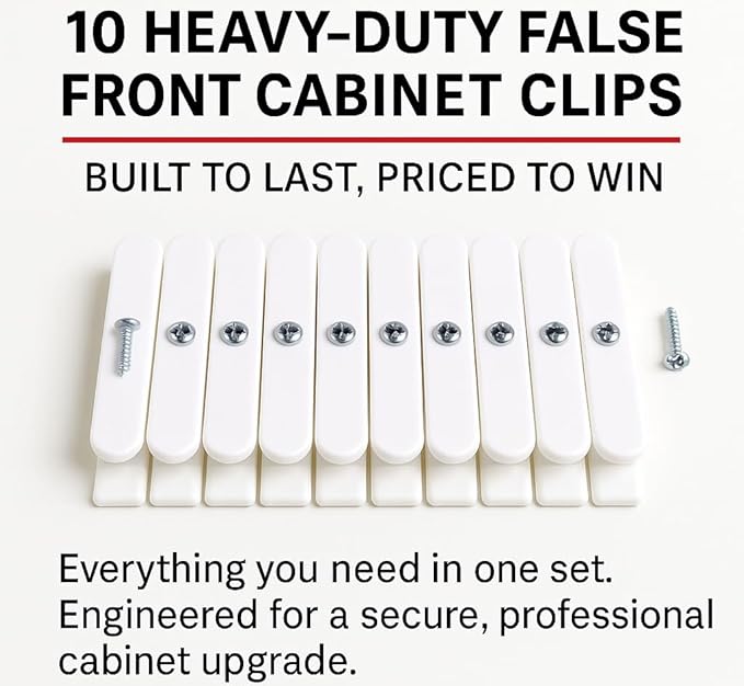 Set of 10 False Front Cabinet Clips with Screws – 4.5 Inch Drawer Front Fasteners for Kitchen Cabinets – Heavy-Duty Furniture Connectors for Mounting False Drawer Fronts – Easy to Install