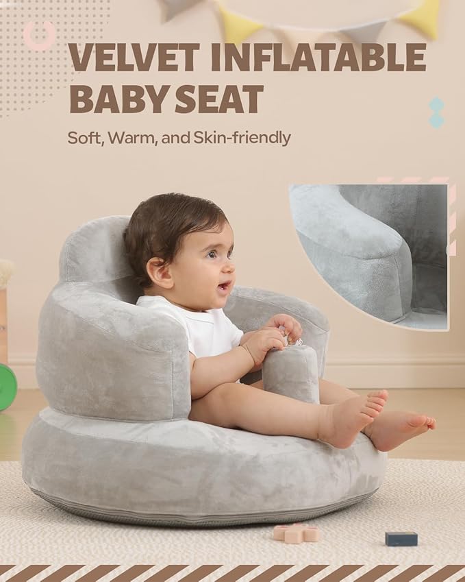 AGITVPS Velvet-Covered Inflatable Baby Seat with Built-in Pump | A Supportive Bumbo Seat for Babies 3-36 Months | Perfect for Learning to Sit, Feeding, Floor Time & Camping (Velvet Pillar-Gray)