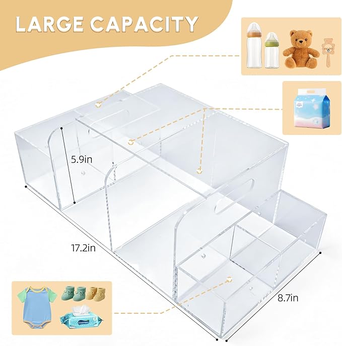 Diaper Caddy Acrylic, Baby Changing Table Organizer, Dresser Tabletop Organizer with 4 Detachable Compartments, Storage for Wipe Dispenser, Anti-slip Rubber Feet, Newborn Baby Essentials, Transparent
