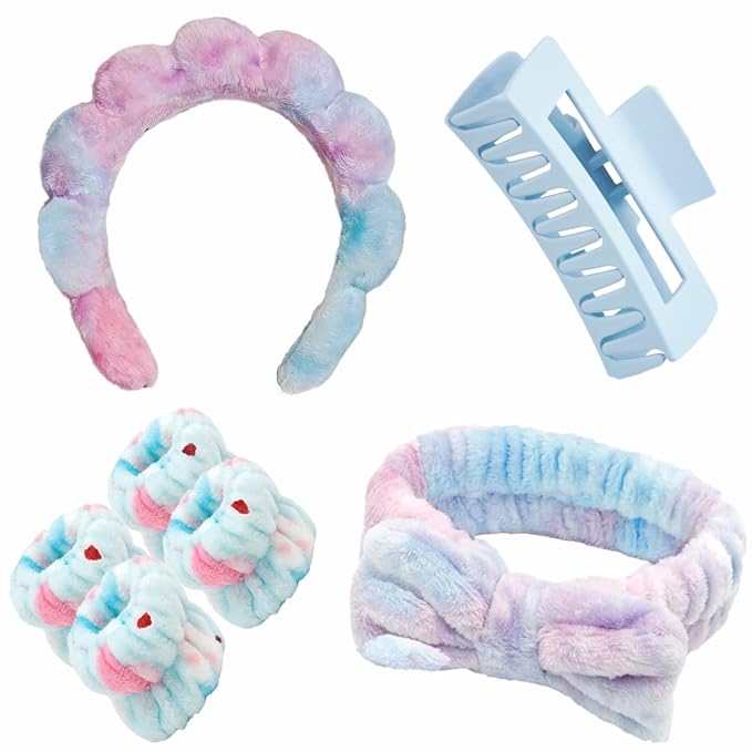 7 Pcs Spa Set, Facial Headband and Wristband Set, Skincare Accessories, College Style Girl Idea Gifts, Hair Accessories for Women and Girls （Tie Dye Blue）