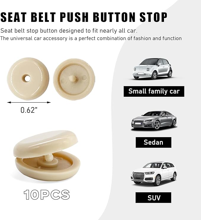 10 Sets Seat Belt Button Stop, Snap-On Plastic Seatbelt Stopper Clip Prevent Seat Belt Buckle from Sliding Down, No Welding Seat Belt Stop Kit, Universal Car Accessories (Beige)