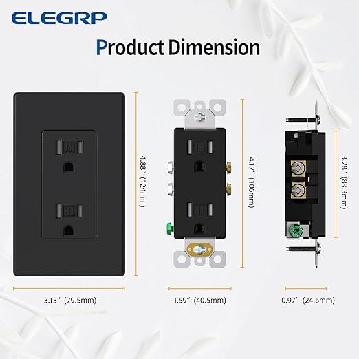ELEGRP Matte Black Decorator Wall Receptacle Outlets, Tamper Resistant 15 Amp Standard Electrical Wall Outlet, Residential Grade, Self-grounding, 125V, Mid Size Wall Plate Included, UL Listed, 20 Pack