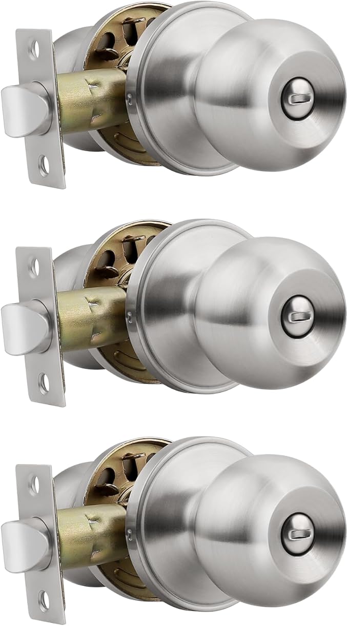 Knobonly 3 Pack Privacy Door Knobs Satin Nickel, Keyless Door Knobs Interior for Bedroom and Bathroom, Round Door Handles Stainless Steel, Classic Design