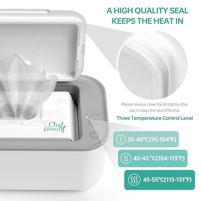 Chefhandy Baby Wipe Warmer, 3-Level Temperature Control, Silent & Even Heating, Large Capacity Wipes Dispenser for Babies & Adults, White
